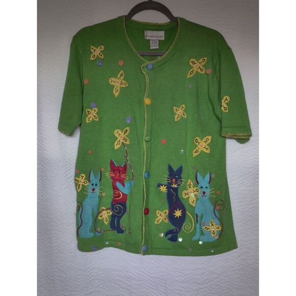 Vtg Ashlyn Kate Womens Green V Neck Short Sleeve Cardigan Sweater Sz‎ S - Picture 7 of 7